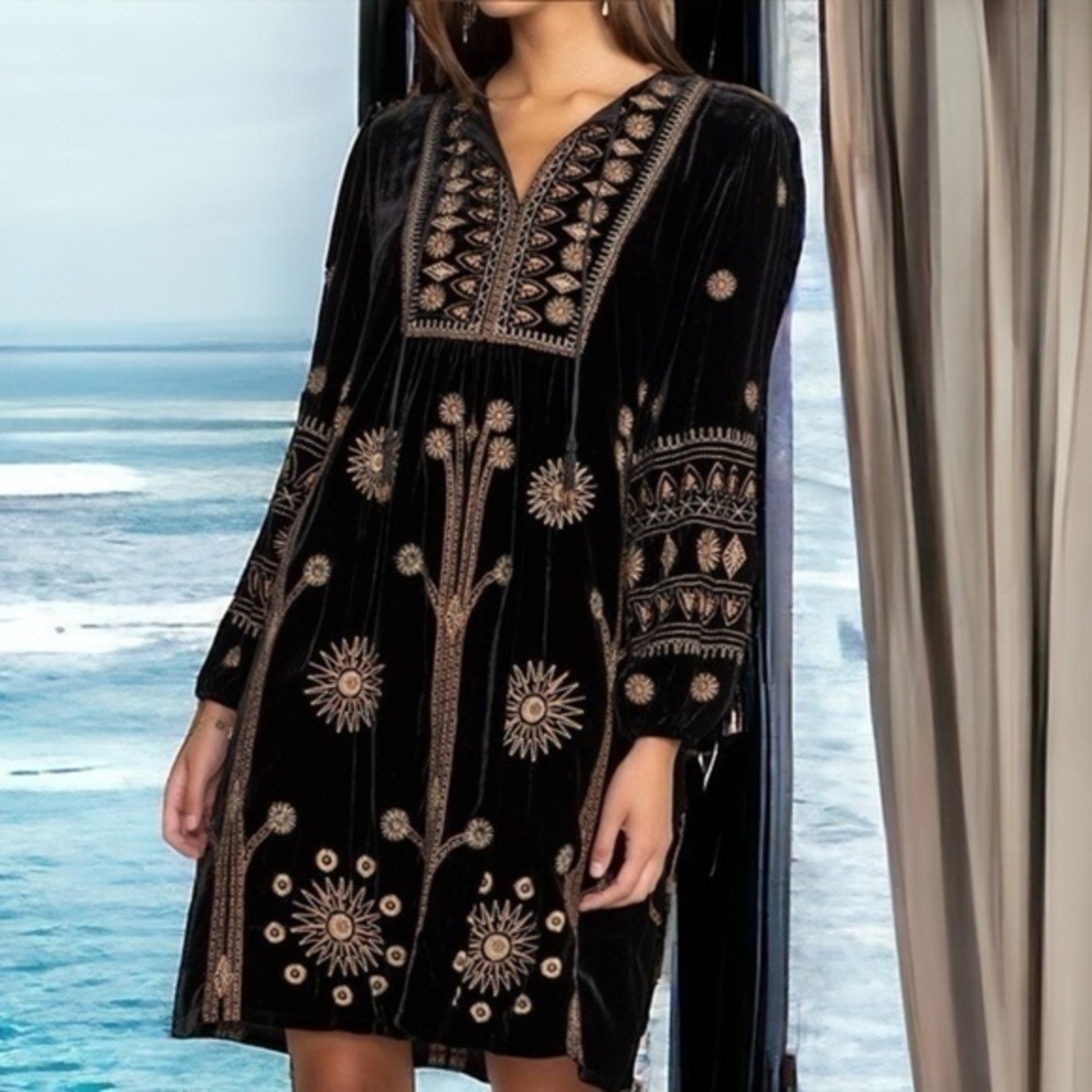 Johnny Was Heidi Velvet Yoke Dress Embroidered Beaded Tassel NWT - Picture 6 of 12